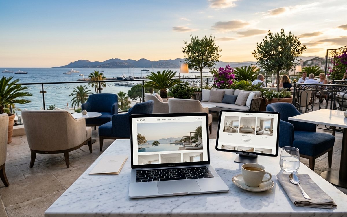 Site internet affiche sur une terrasse d hotel de luxe face a la mer a Cannes