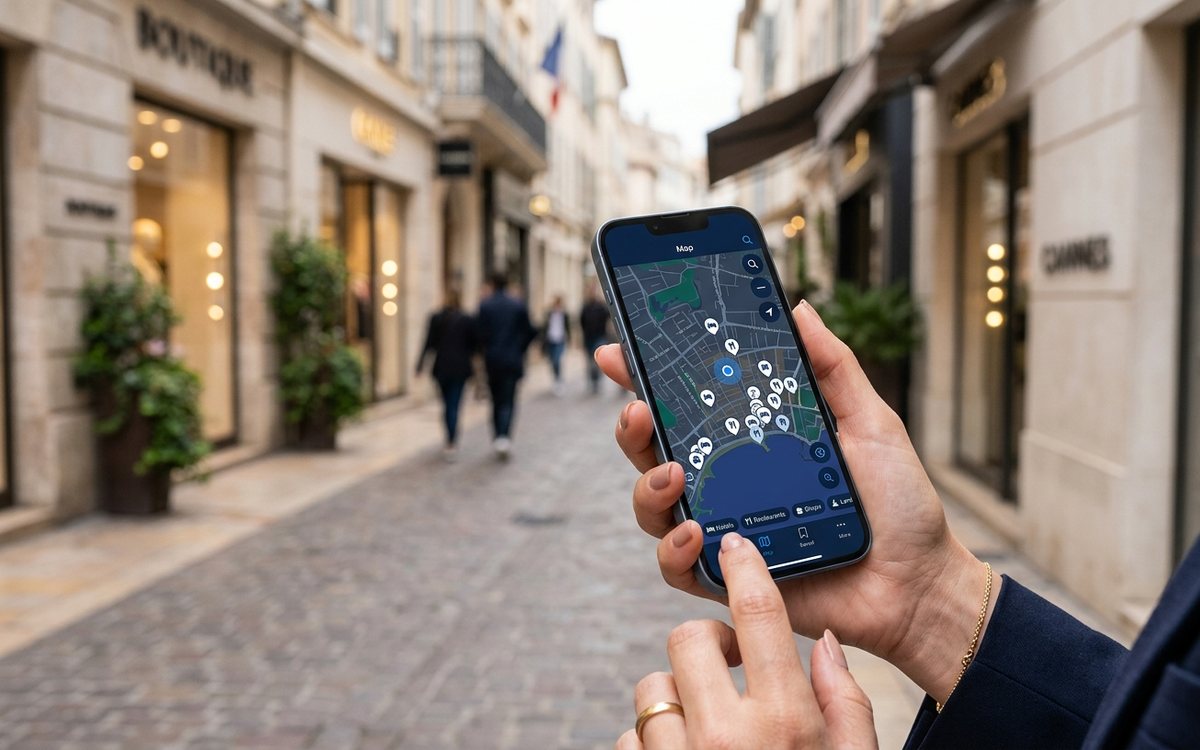 Recherche locale sur smartphone dans une rue de boutiques a Cannes, SEO local Cannes