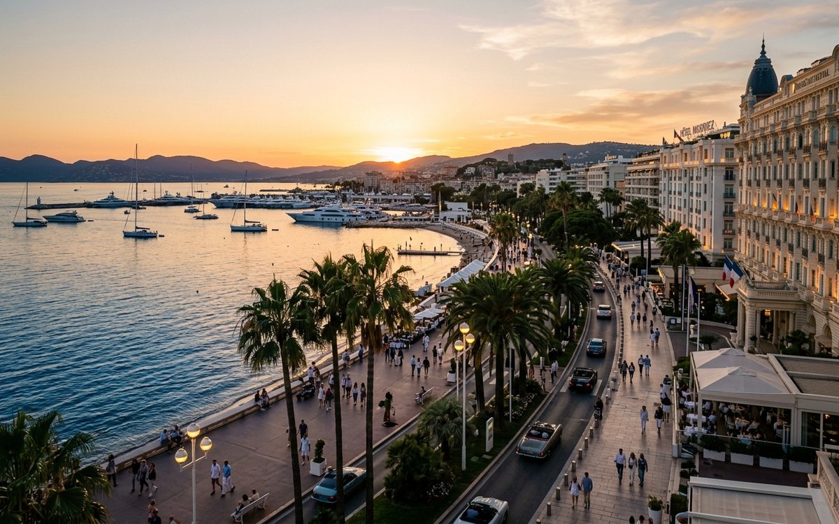 La Croisette a Cannes au coucher du soleil, agence web et referencement local a Cannes