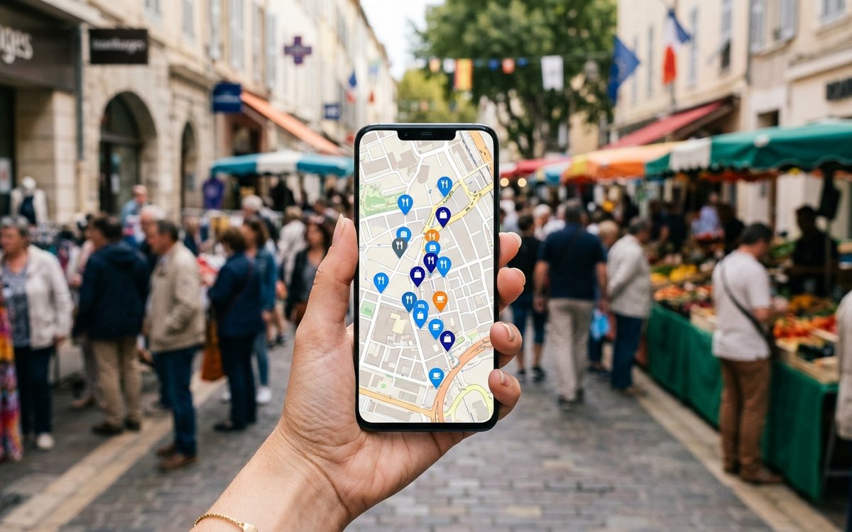 Recherche locale sur smartphone dans une rue de marche a Toulon, SEO local Toulon